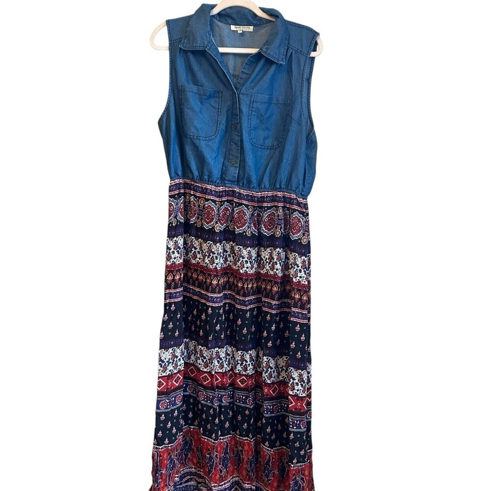 Denim patchwork shirtdress Floral western country midi modest Boho Farmhouse